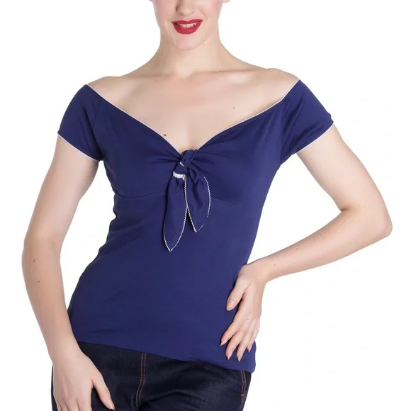 Hell Bunny Blue Off-Shoulder Blouse - Picture 2 of 4